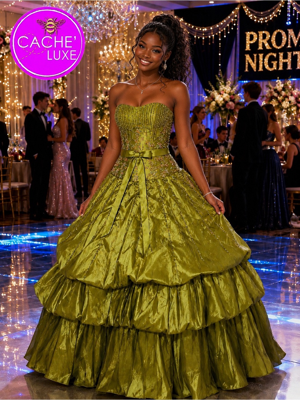 TIFFANY Strapless Olive Green Ball Gown with Tiered Skirt 8 NWT